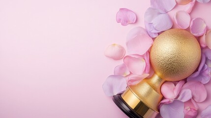 Grammy award concept, A golden trophy sits on soft, pastel-colored rose petals, creating an elegant and celebratory atmosphere against a pink background.