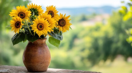 A vibrant composition of yellow sunflowers in a rustic clay vase against a blurred countryside backdrop, angled shot, Rustic style © ArpPSIqee