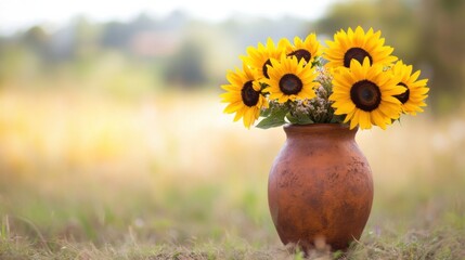 A vibrant composition of yellow sunflowers in a rustic clay vase against a blurred countryside backdrop, angled shot, Rustic style