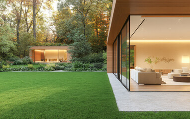 Modern house design showcasing large glass windows and green landscape in a tranquil setting