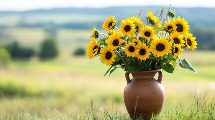 A vibrant composition of yellow sunflowers in a rustic clay vase against a blurred countryside backdrop, angled shot, Rustic style