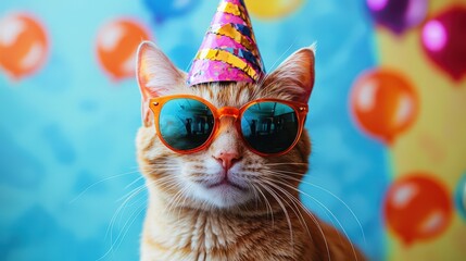 Fototapeta premium Ginger Cat in Sunglasses and Party Hat with Colorful Balloons. Cheerful and Playful Scene Perfect for Birthday Celebrations and Festive Fun.