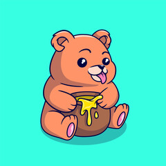 Cartoonish little bear is eating honey from a jar
