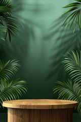 Fototapeta premium wooden product podium with green tropical leaves tree and green background