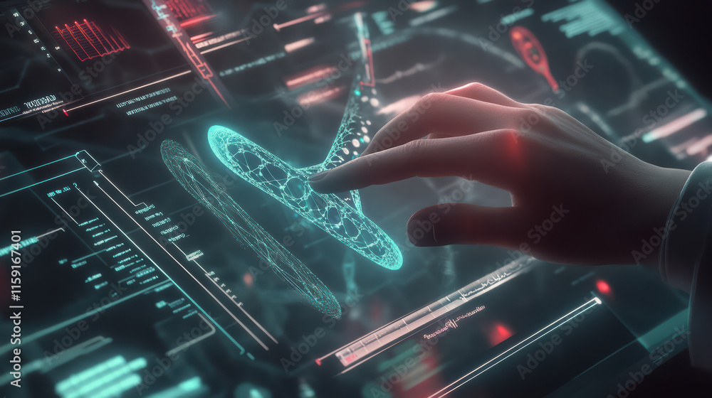 Aufkleber futuristic interface with hand interacting with holographic dna model, showcasing advanced technolog