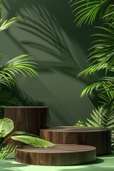 wooden product podium with green tropical leaves tree and green background