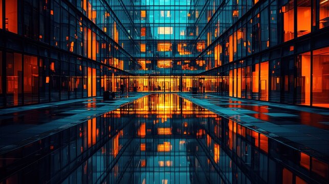 Modern Urban Architecture with Reflections and Vibrant Orange Light at Dusk