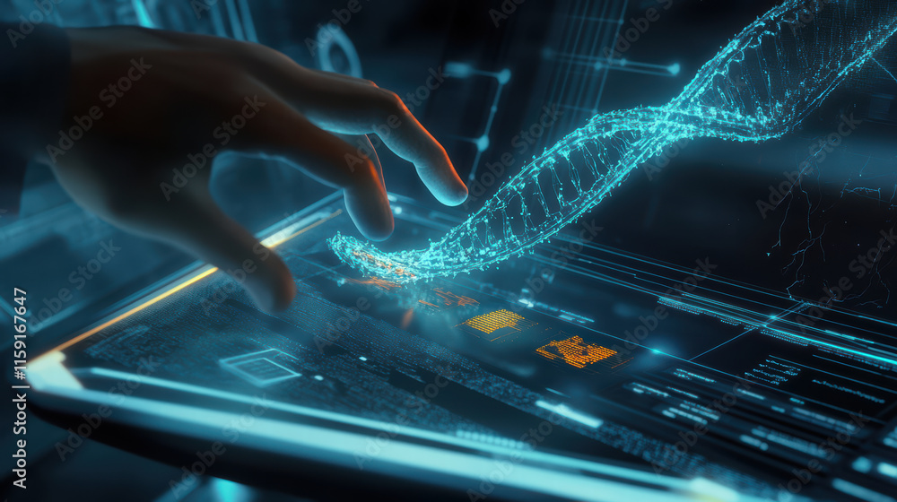 Aufkleber futuristic scene depicting luminous dna strand being interacted with by hand on digital interface, s