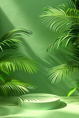 Obraz premium wooden product podium with green tropical leaves tree and green background