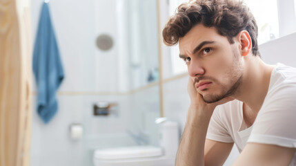 Obraz premium Seated man on toilet in bright, clean bathroom, showcasing subtle discomfort and intimate daily moments with room for text.