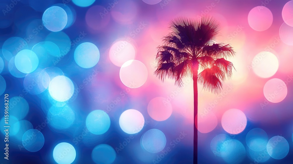 Poster palm tree abstract background idea. a vibrant palm tree silhouette against a colorful bokeh backgrou