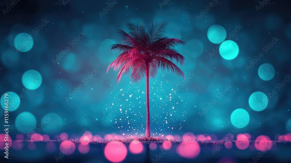 Poster palm tree abstract background idea. a vibrant palm tree illuminated in colorful bokeh lights against