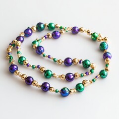 Obraz premium Vibrant Necklace Display Featuring Colorful Purple and Green Beads with Shiny Gold Accents on a Light Background for Elegant Accessory Imagery