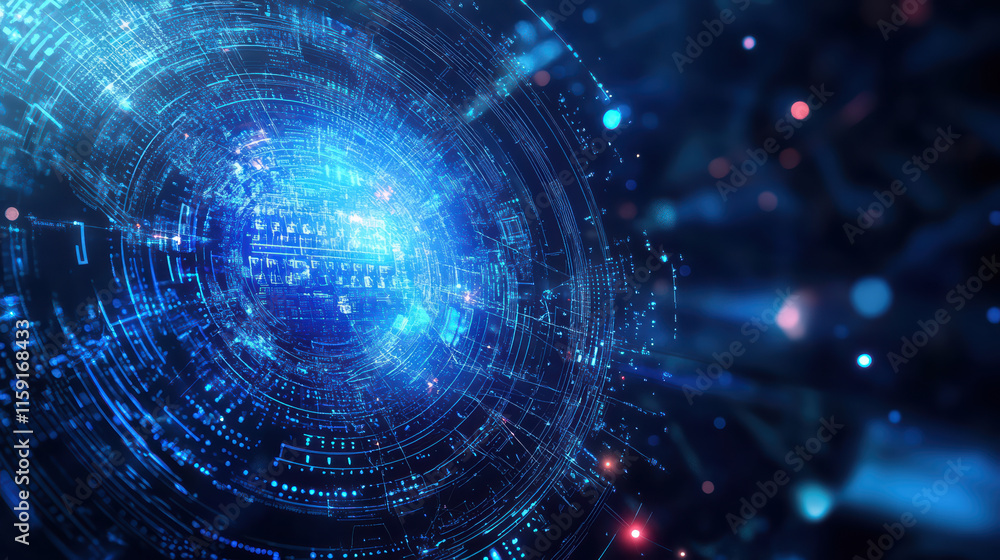 Poster innovative digital technology background with glowing blue patterns, representing data and connectiv