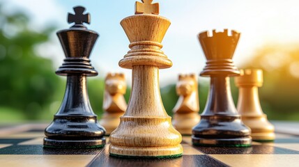 Fototapeta premium Chess Pieces on a Board with Beautiful Outdoor Background and Sunset Light