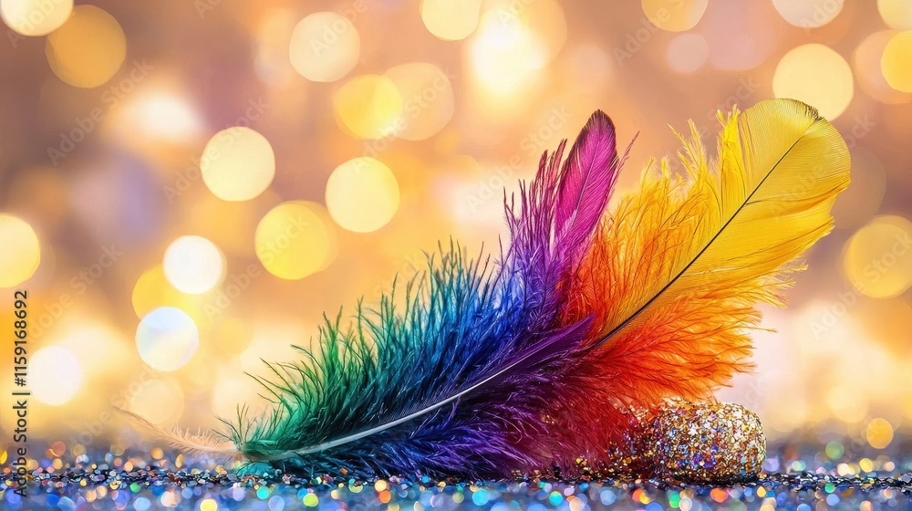 Poster vibrant colorful feathers on shimmering background with glittering light bokeh