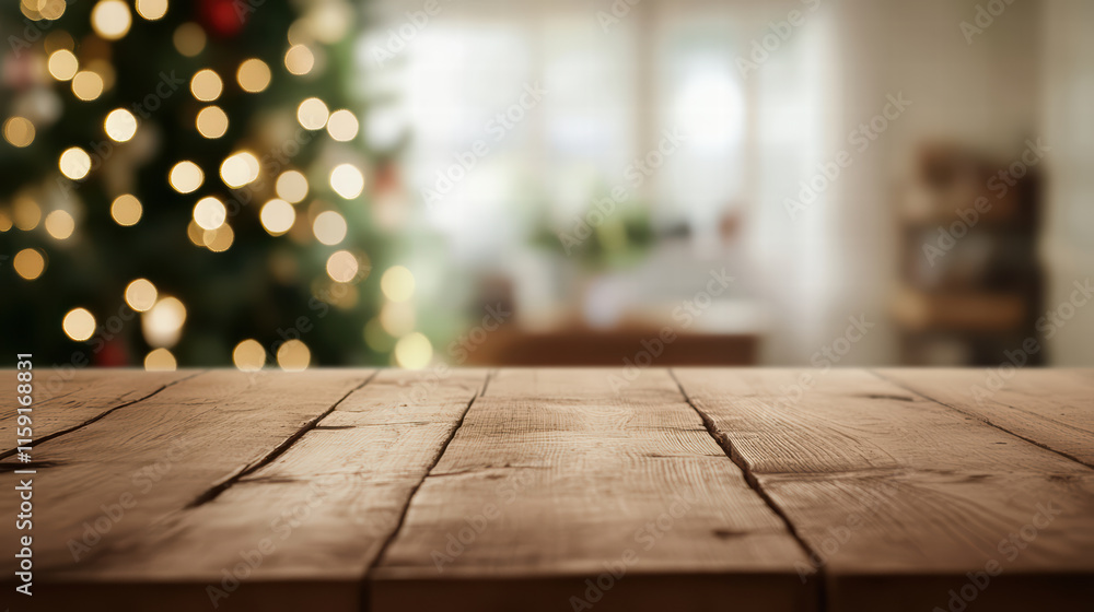 Aufkleber inviting empty wooden table with blurred christmas tree in background, creating warm and festive atm