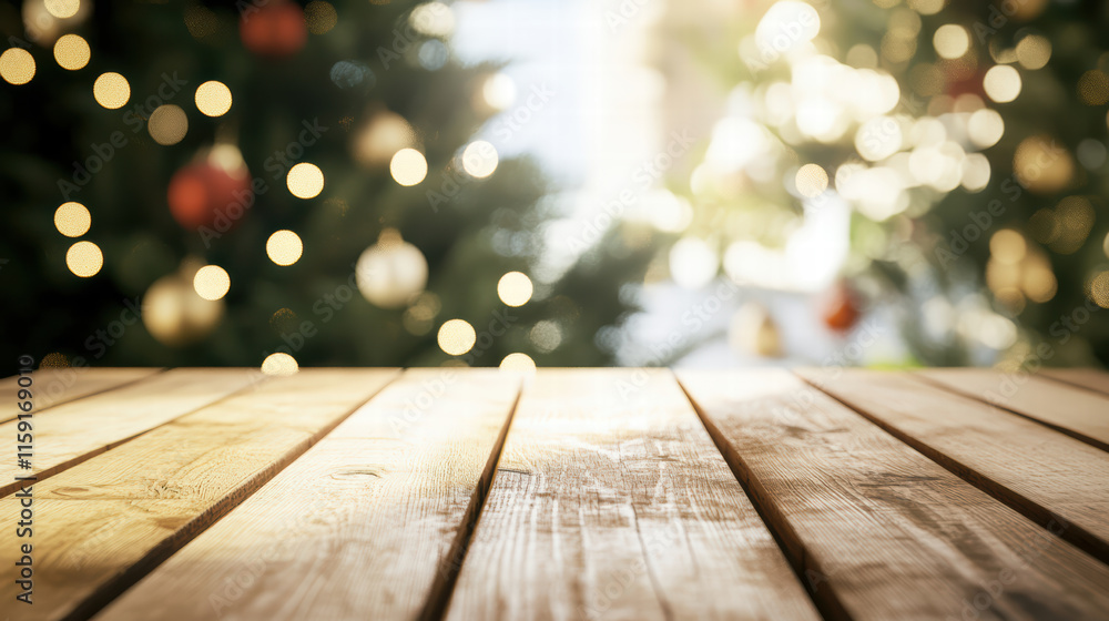 Poster inviting empty christmas table with blurred tree in background, creating warm and festive atmosphere