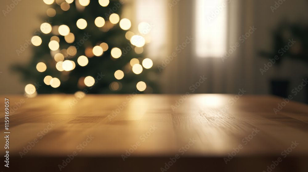 Poster inviting empty christmas table with blurred tree creating warm atmosphere for holiday gatherings and