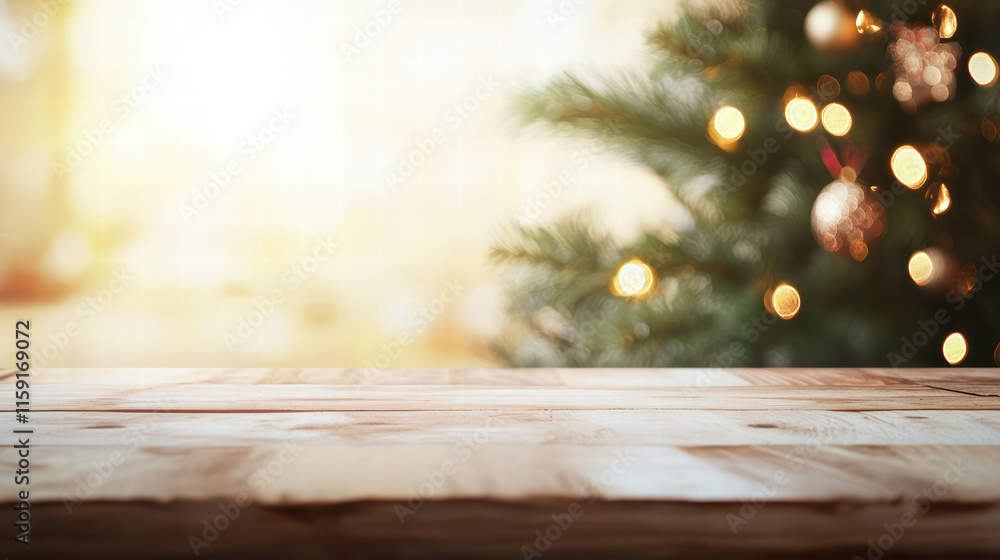 Poster inviting empty christmas table with blurred tree in background, creating warm and festive atmosphere