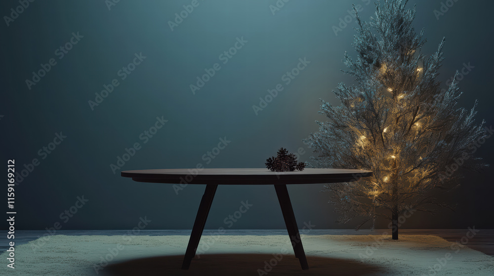 Aufkleber inviting empty christmas table with softly glowing tree, creating warm and cozy atmosphere for holid