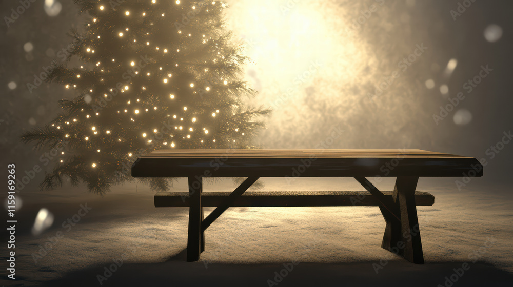 Poster inviting empty christmas table with softly glowing lights and decorated tree in background, creating