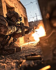 A soldier in full gear fires a weapon amidst an urban combat environment, with explosions and debris creating a dynamic and intense scene filled with action and energy.