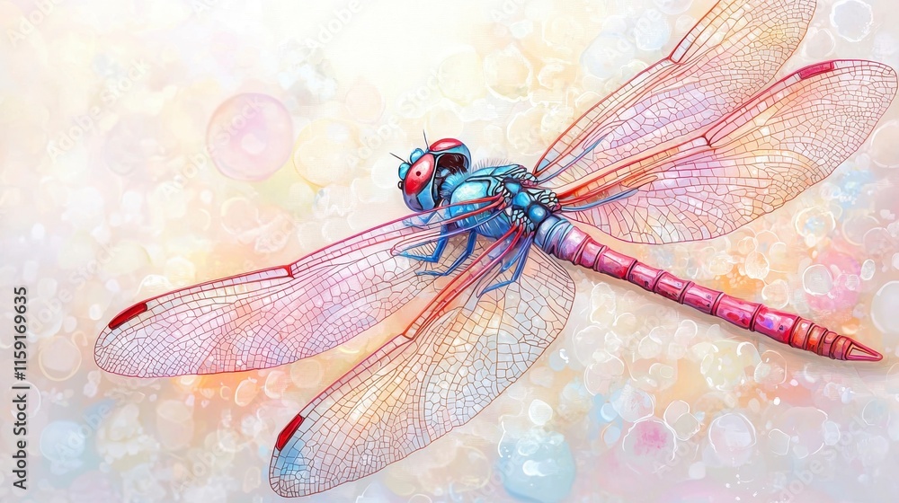 Poster colorful dragonfly with transparent wings and soft bokeh background