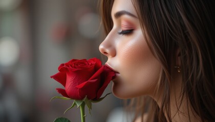 profile of an elegant woman holding a red rose close to her to smell its scent