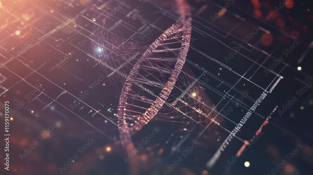 Poster modern science template featuring transparent dna helix, showcasing intricate patterns and glowing e