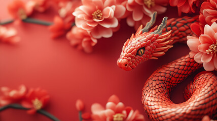 A vibrant Chinese New Year-themed design featuring traditional elements like red lanterns, gold coins, and blooming cherry blossoms, arranged artfully around a clean negative space ideal for text 