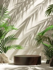 Obraz premium wooden product podium with green tropical leaves tree and brown beige background