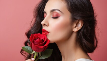 profile of an elegant woman holding a red rose close to her to smell its scent