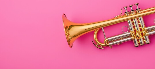 Obraz premium Golden trumpet on vibrant pink background, showcasing intricate details