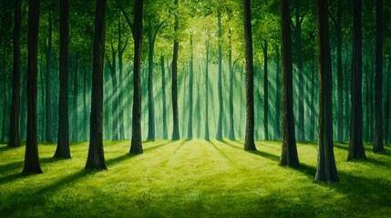 Naklejka premium Serene Forest Landscape with Tall Trees and Sunlight Filtering Through Green Leaves