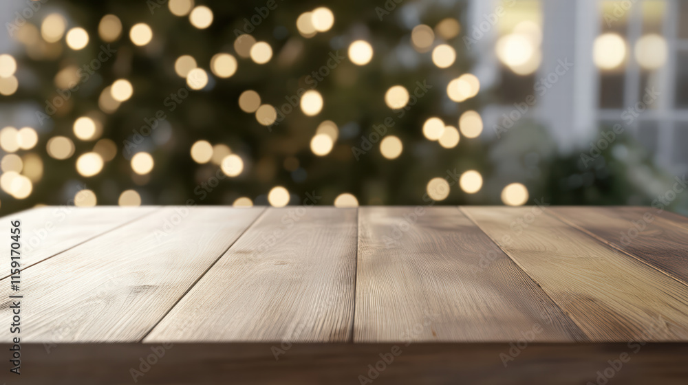 Aufkleber rustic wooden table is set against blurred christmas tree background, creating warm and inviting atm