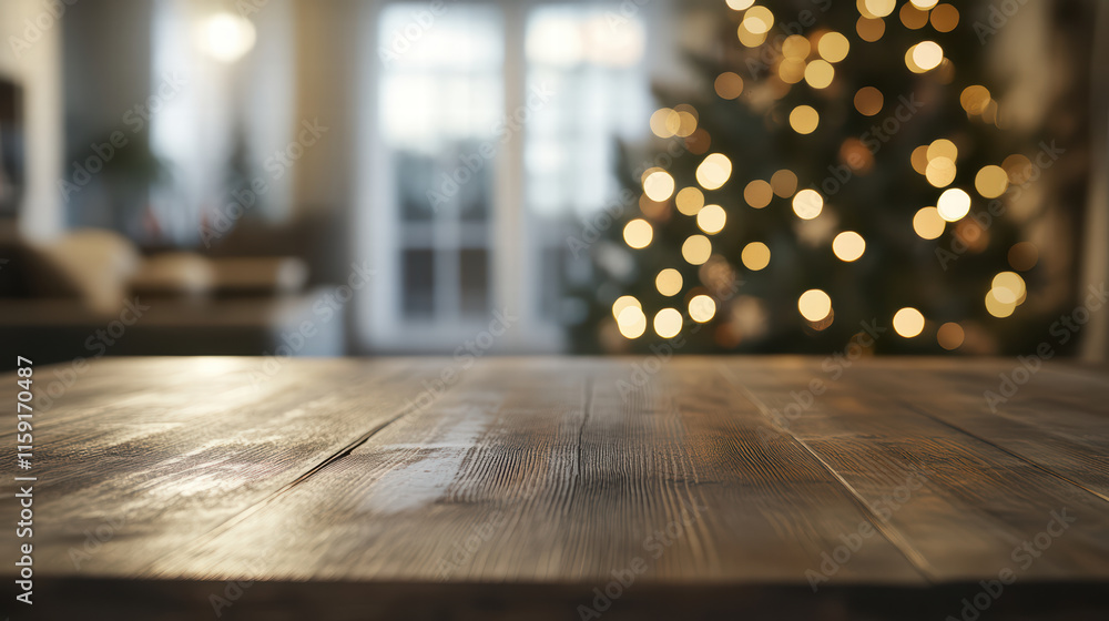 Poster rustic empty christmas table with blurred tree in background, creating warm and festive atmosphere. 