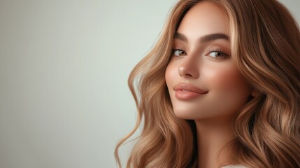 Fototapeta premium A close-up image of a young woman with long, wavy blonde hair, exuding confidence and serenity while subtly smiling, captured against a soft background, invoking elegance.