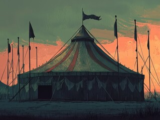 Silhouetted circus tent with flags against a vibrant sunset sky, evoking nostalgia and the mysterious charm of a traveling circus at dusk.
