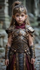 asian girl dresses up in a fancy warrior costume, woman in warrior costume.