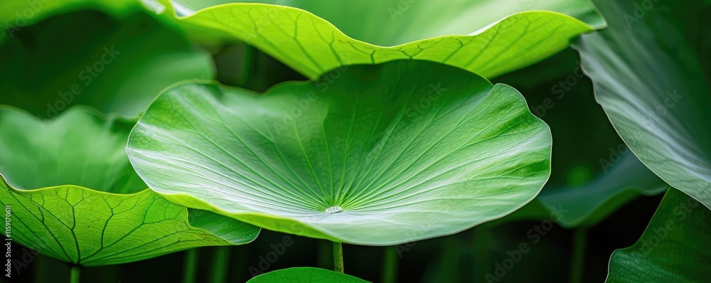 Poster lotus leaves abstract background idea. close-up of lush green lotus leaves with intricate vein patte