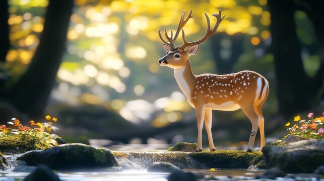 A tranquil deer stands surrounded by vivid nature in warm sunlight, emphasizing the delicate elegance and peacefulness of the natural world and its inhabitants.