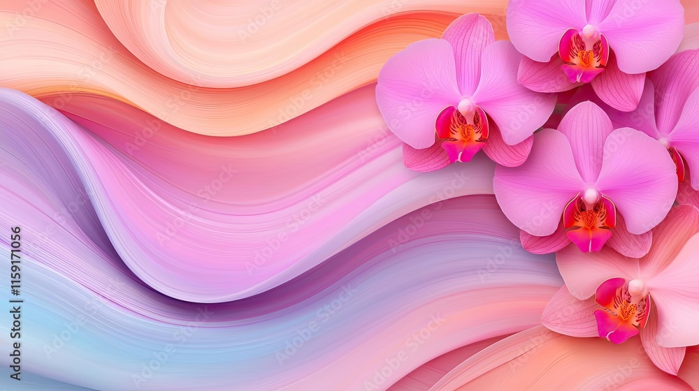 Poster Orchid floral abstract background idea. Elegant orchids with soft pastel waves creating a calming floral background.