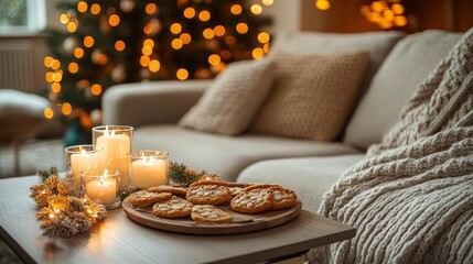 Obraz premium Cozy holiday scene with cookies, candles, and a decorated tree in the background.