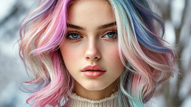 The woman's stunning multi colored hairstyle, featuring a blend of vibrant shades like pink, blue, and purple, adds a bold and modern touch to her overall look