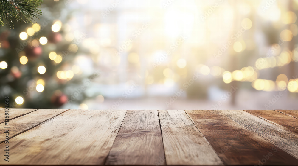 Aufkleber rustic wooden table with blurred christmas tree in background, creating warm and festive atmosphere.