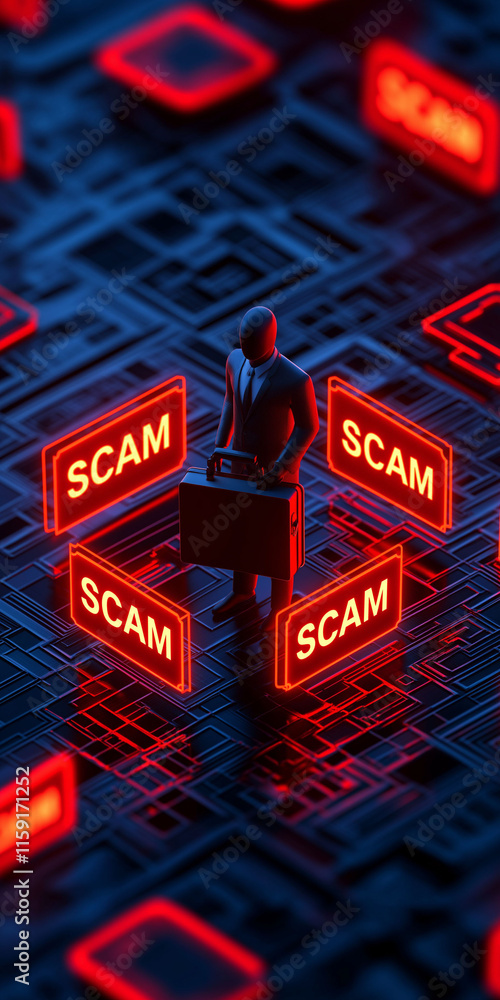 Poster scam fraud investigation concept. a mysterious figure with a briefcase surrounded by glowing element