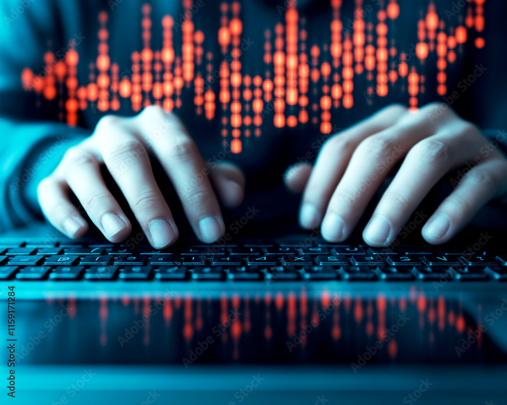 Poster scam fraud investigation concept. image of an anonymous person typing on a keyboard, symbolizing fin