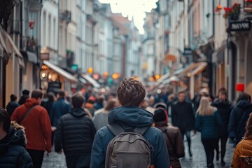 Fototapeta premium Crowd walking down a busy city street, telephoto lens, realistic daylight. Background AI generated image