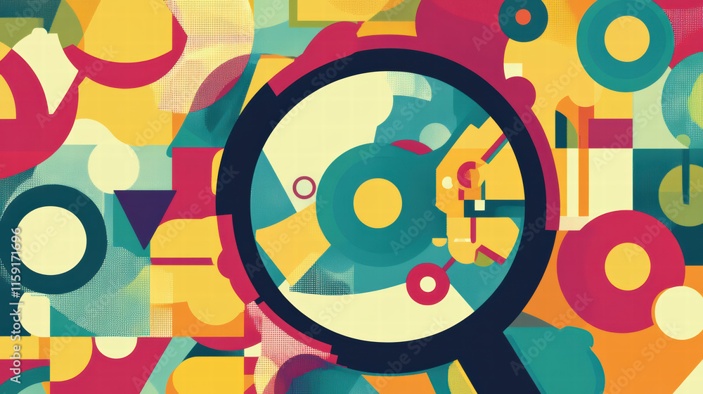 Poster colorful abstract design featuring magnifying glass over geometric shapes and patterns, creating vib